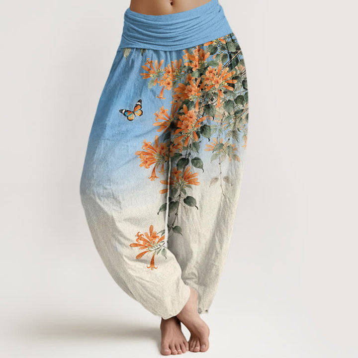 Buddha Stones Cotton Orange Floral Butterfly Pattern Women's Elastic Waist Harem Pants - DeepSkyBlue - US16，UK/AU20，EU48 (3XL) - image 0