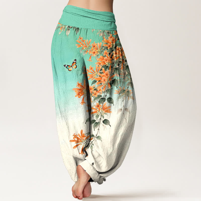 Buddha Stones Cotton Orange Floral Butterfly Pattern Women's Elastic Waist Harem Pants - image 7