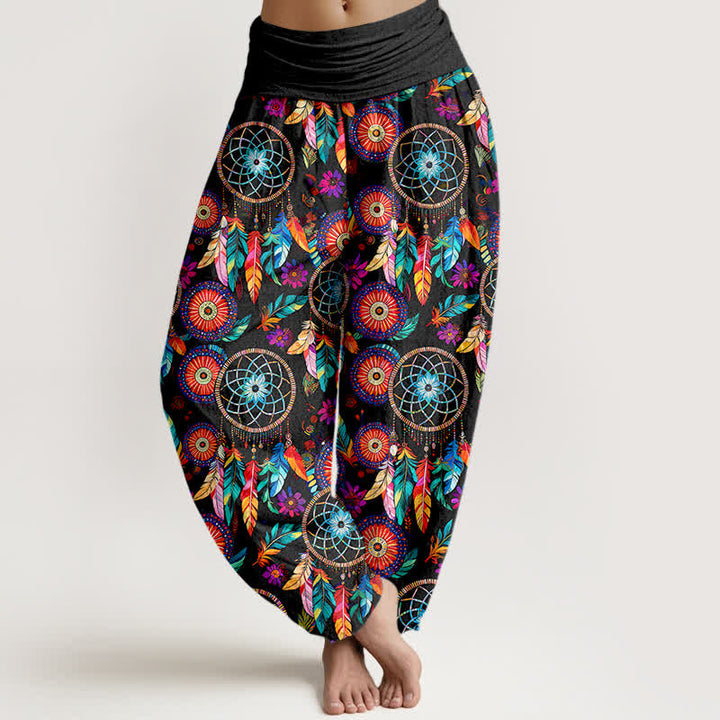 Buddha Stones Cotton Dreamcatcher Feather Pattern Women's Elastic Waist Harem Pants - Black - US16，UK/AU20，EU48 (3XL) - image 0