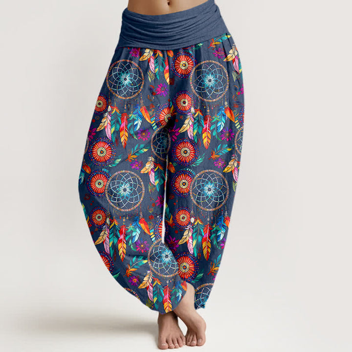 Buddha Stones Cotton Dreamcatcher Feather Pattern Women's Elastic Waist Harem Pants - SteelBlue - US16，UK/AU20，EU48 (3XL) - image 5