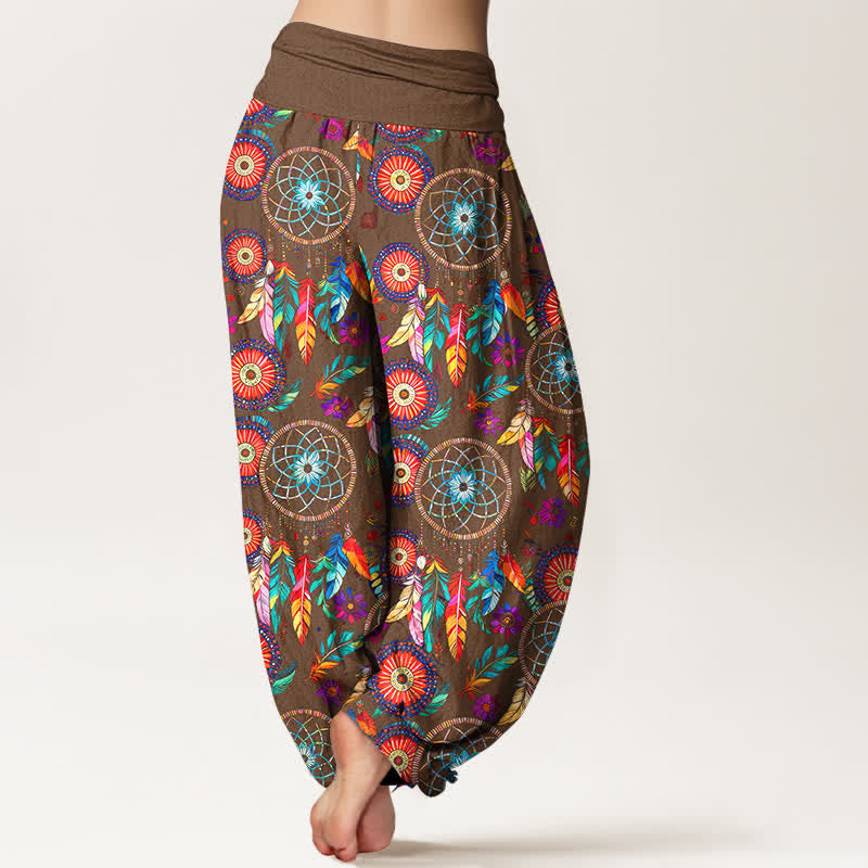 Buddha Stones Cotton Dreamcatcher Feather Pattern Women's Elastic Waist Harem Pants - image 10