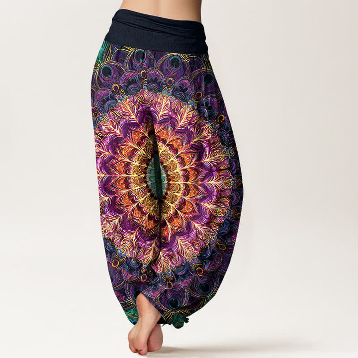 Buddha Stones Pure Cotton Mandala Feather Pattern Women's Elastic Waist Harem Pants - image 2