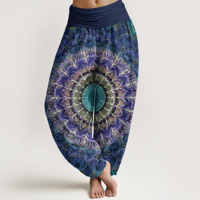 Buddha Stones Pure Cotton Mandala Feather Pattern Women's Elastic Waist Harem Pants - Navy - US16，UK/AU20，EU48 (3XL) - image 5