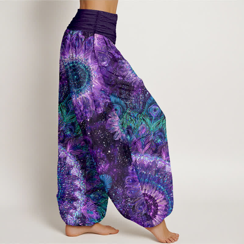 Buddha Stones Cotton Peacock Feather Pattern Women's Elastic Waist Harem Pants - image 1