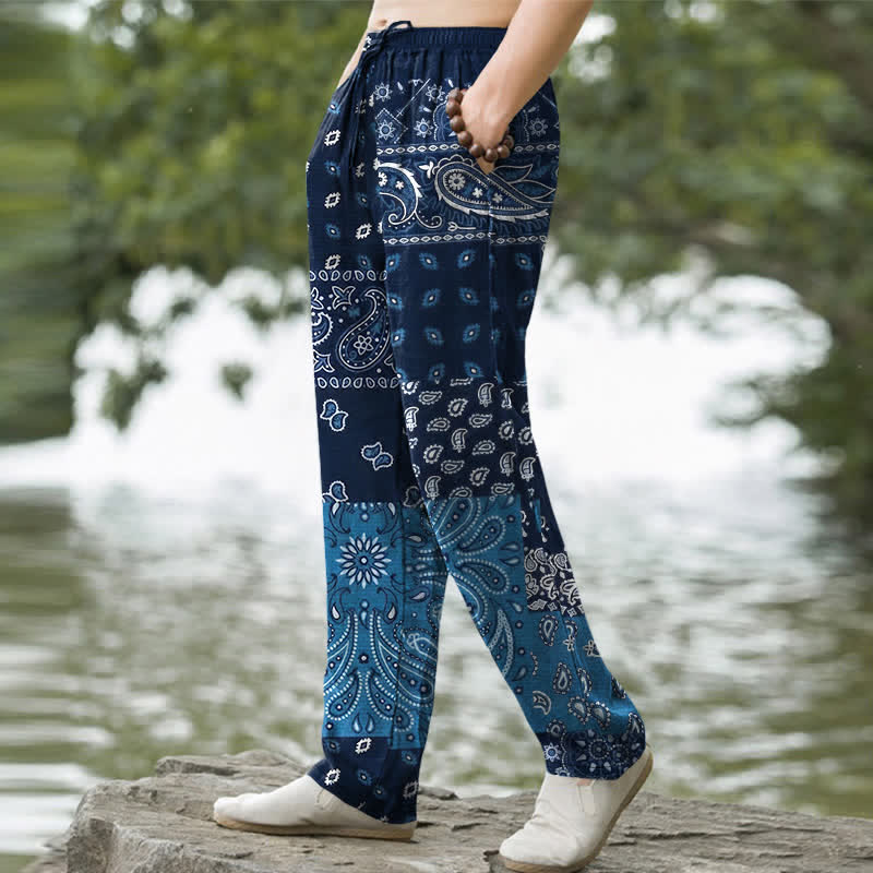 Buddha Stones Cotton Splicing Paisley Pattern Men's Tapered Pants With Pockets - image 1