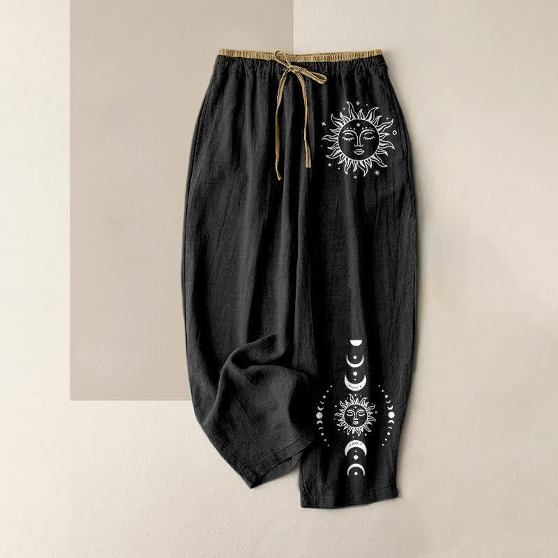 Buddha Stones Pure Cotton Celestial Sun Moon & Star Pattern Women's Elastic Waist Pants With Pockets - Black - US16，UK/AU20，EU48 (3XL) - image 0
