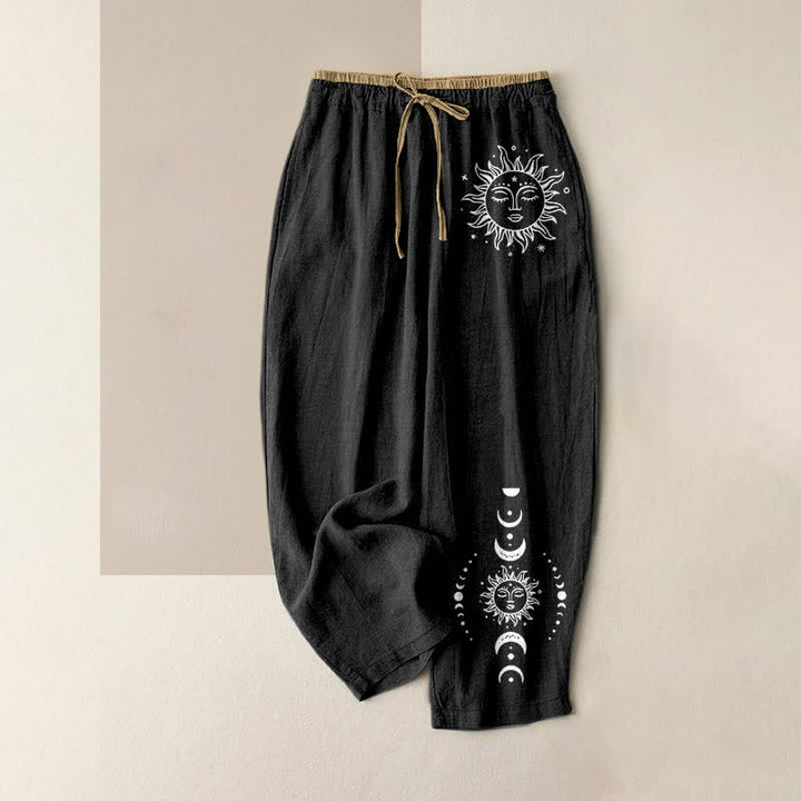 Buddha Stones Pure Cotton Celestial Sun Moon & Star Pattern Women's Elastic Waist Pants With Pockets - Black - US16，UK/AU20，EU48 (3XL) - image 0