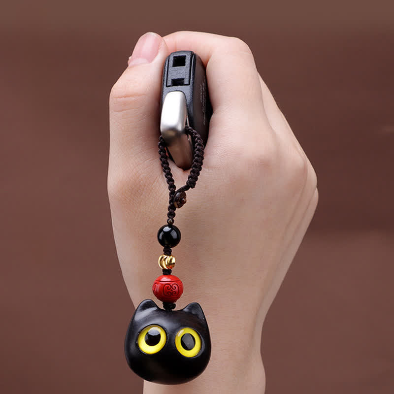 Buddha Stones Ebony Wood Cute Cat Grounding Hand Carved Peace Keychains - image 3