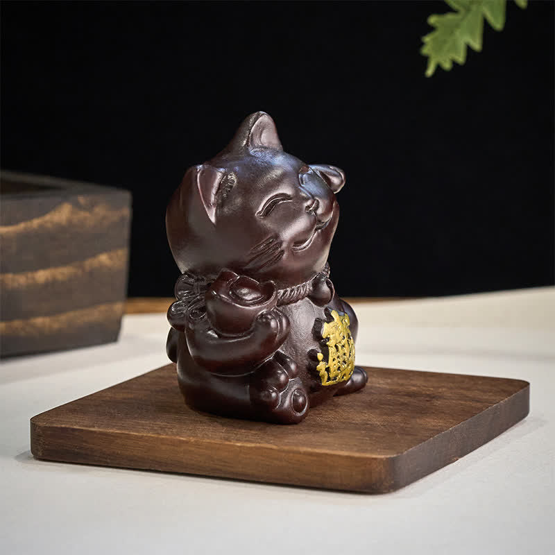 Buddha Stones Attract Wealth Lucky Cat Ebony Wood Carved Blessing Decoration - image 5