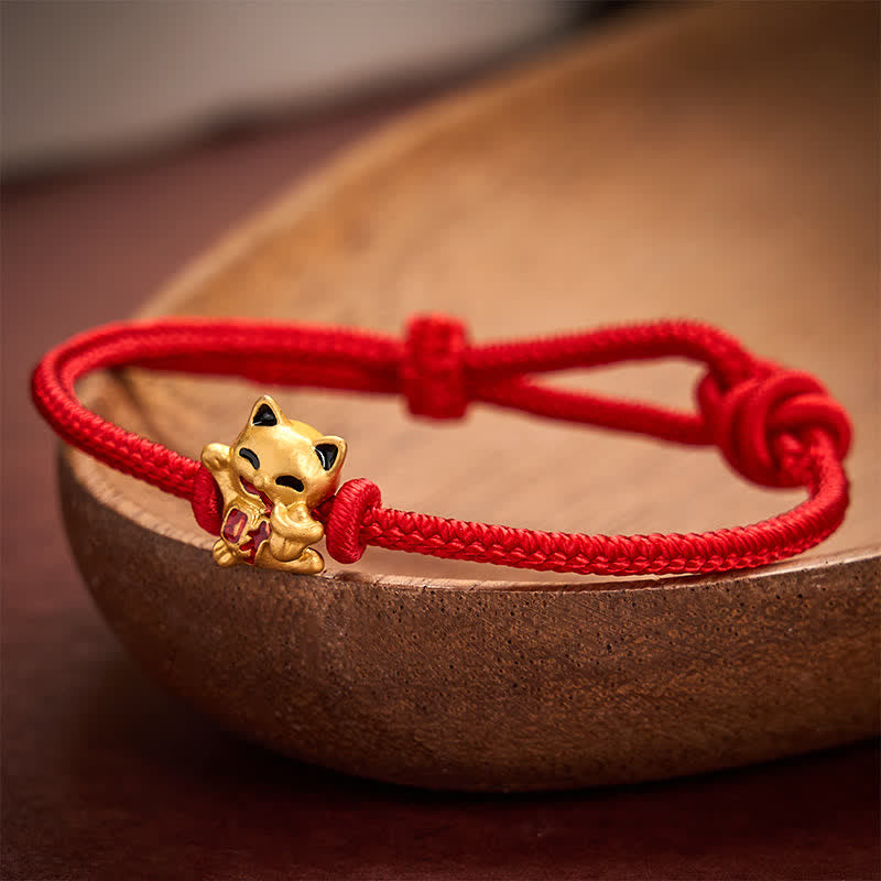 Buddha Stones Handmade Braided Red String Golden Lucky Cat Fortune Adjustable Bracelet - Red - 5.91-7.48 in (15-19cm) - image 6