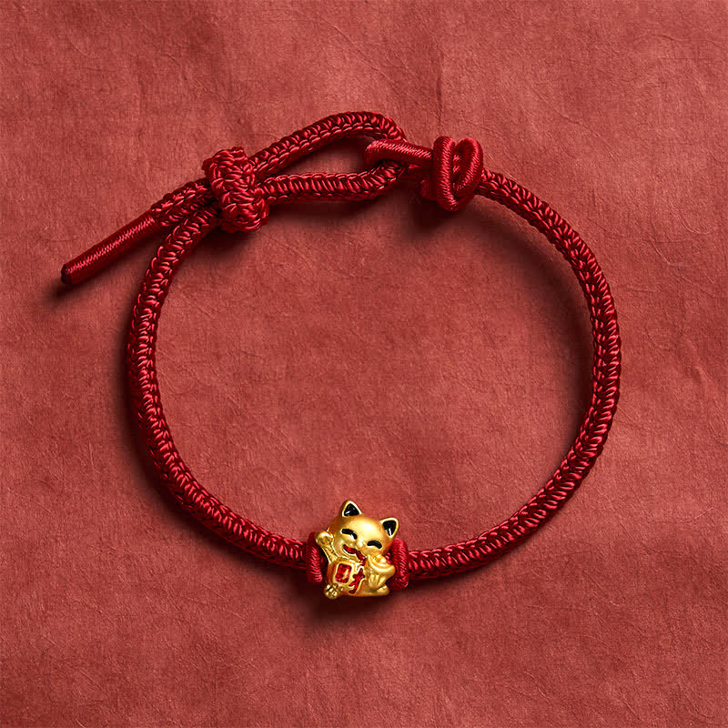 Buddha Stones Handmade Braided Red String Golden Lucky Cat Fortune Adjustable Bracelet - image 2