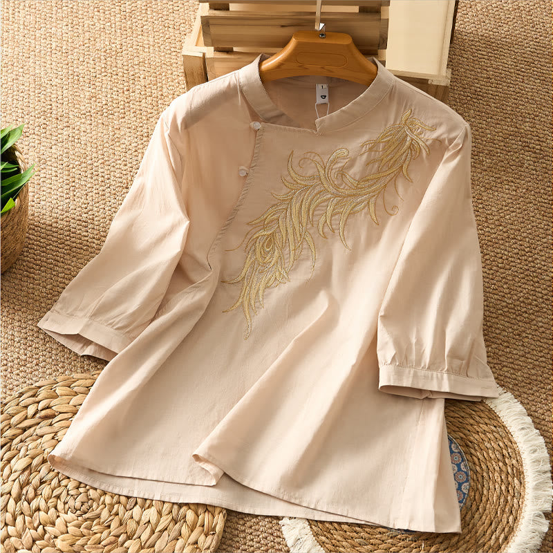 Buddha Stones Spring Vintage Embroidered Feather Mandarin Collar Solid Women's Short Sleeve Shirt - Beige - US8-10，UK/AU12-14，EU40-42 (2XL) - image 7