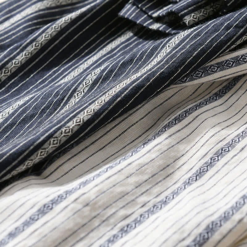 Buddha Stones Summer Casual Button Up Striped Cotton Men's Short Sleeve Shirts With Patch Pocket - image 17
