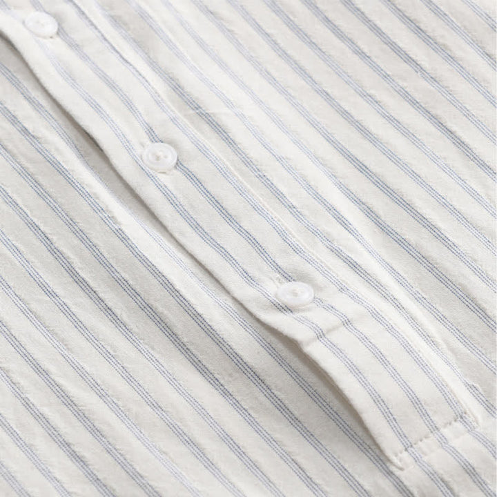Buddha Stones Summer Casual Minimalist Half Button Striped Cotton Men's Short Sleeve Shirts - image 5