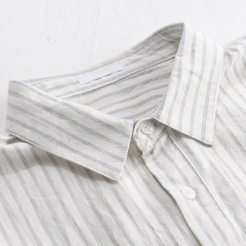 Buddha Stones Summer Casual Minimalist Half Button Striped Cotton Men's Short Sleeve Shirts - image 4