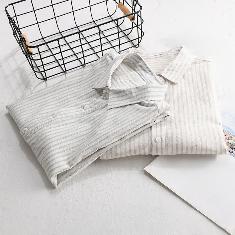 Buddha Stones Summer Casual Minimalist Half Button Striped Cotton Men's Short Sleeve Shirts - image 14
