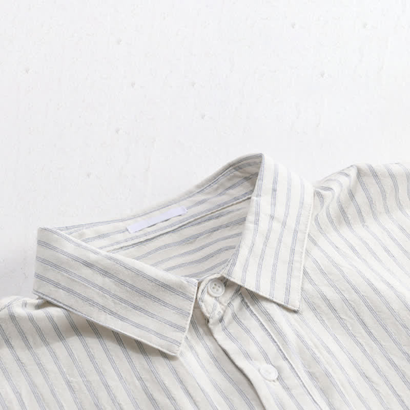 Buddha Stones Summer Casual Minimalist Half Button Striped Cotton Men's Short Sleeve Shirts - image 3