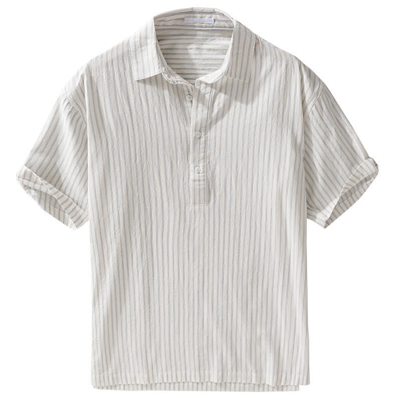 Buddha Stones Summer Casual Minimalist Half Button Striped Cotton Men's Short Sleeve Shirts - image 2