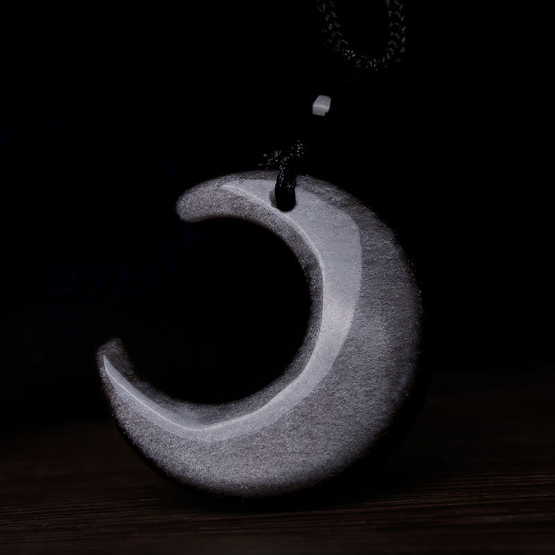 Buddha Stones Natural Silver Sheen Obsidian Selenite Crystal Crescent Moon Yin Yang Couple Protection Necklace Pendant - image 4