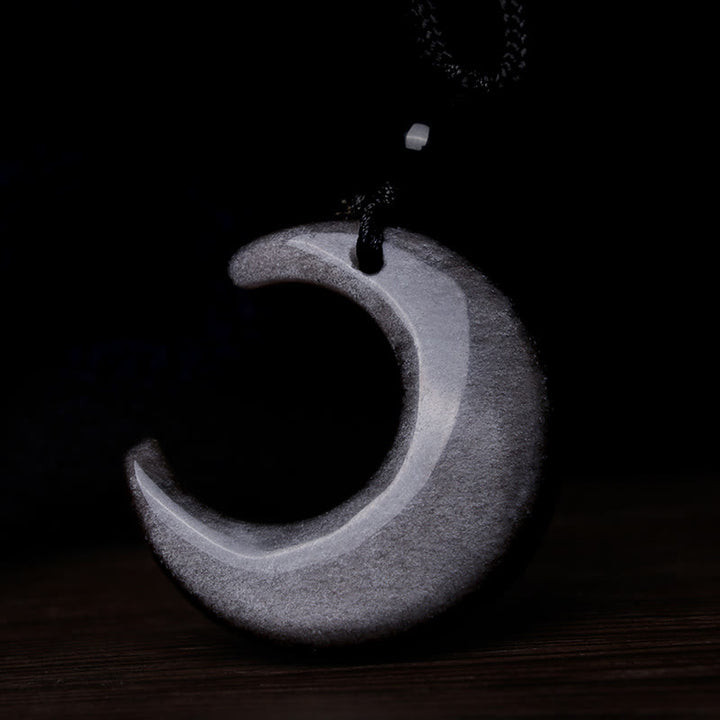 Buddha Stones Natural Silver Sheen Obsidian Selenite Crystal Crescent Moon Yin Yang Couple Protection Necklace Pendant - image 4