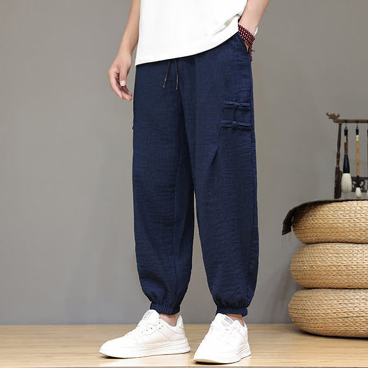 Buddha Stones Summer Casual Tang Style Solid Cropped Pants Men's Harem Pants With Pockets - image 1