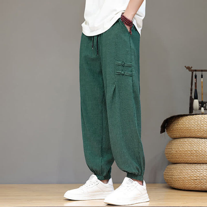 Buddha Stones Summer Casual Tang Style Solid Cropped Pants Men's Harem Pants With Pockets - image 32