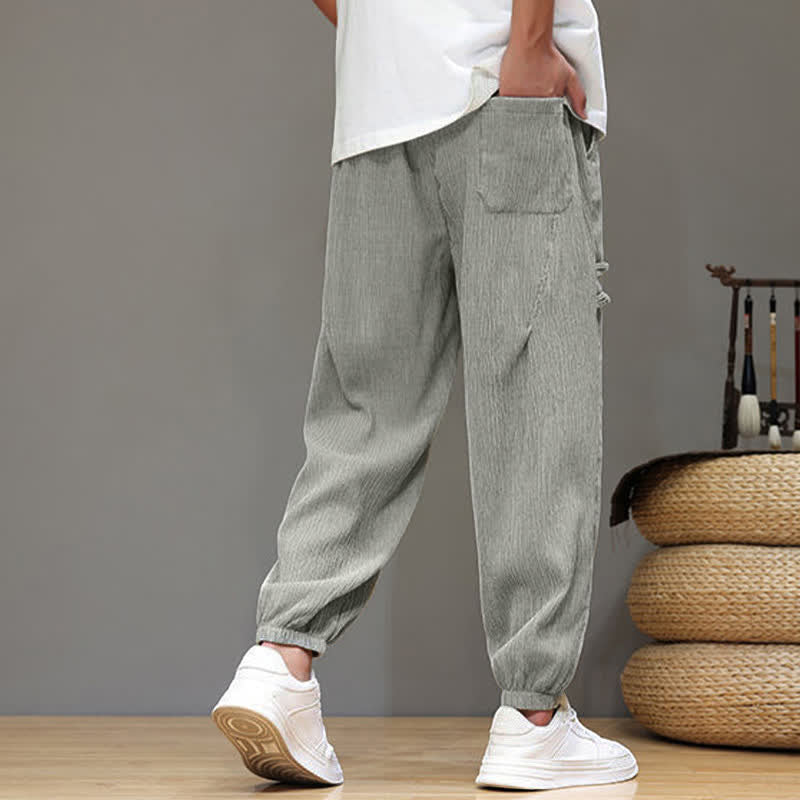 Buddha Stones Summer Casual Tang Style Solid Cropped Pants Men's Harem Pants With Pockets - image 20
