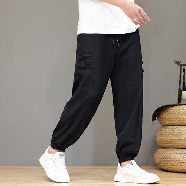 Buddha Stones Summer Casual Tang Style Solid Cropped Pants Men's Harem Pants With Pockets - image 12