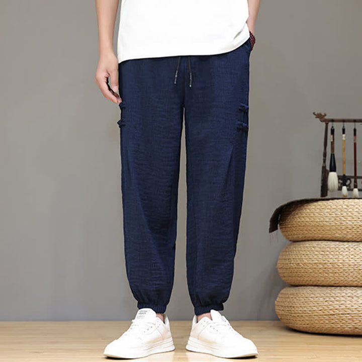 Buddha Stones Summer Casual Tang Style Solid Cropped Pants Men's Harem Pants With Pockets - image 2