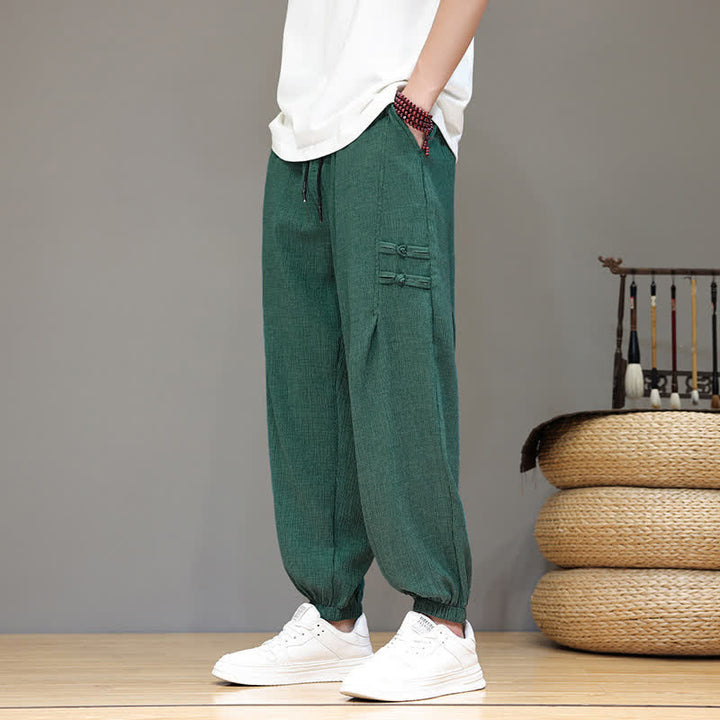 Buddha Stones Summer Casual Tang Style Solid Cropped Pants Men's Harem Pants With Pockets - image 37