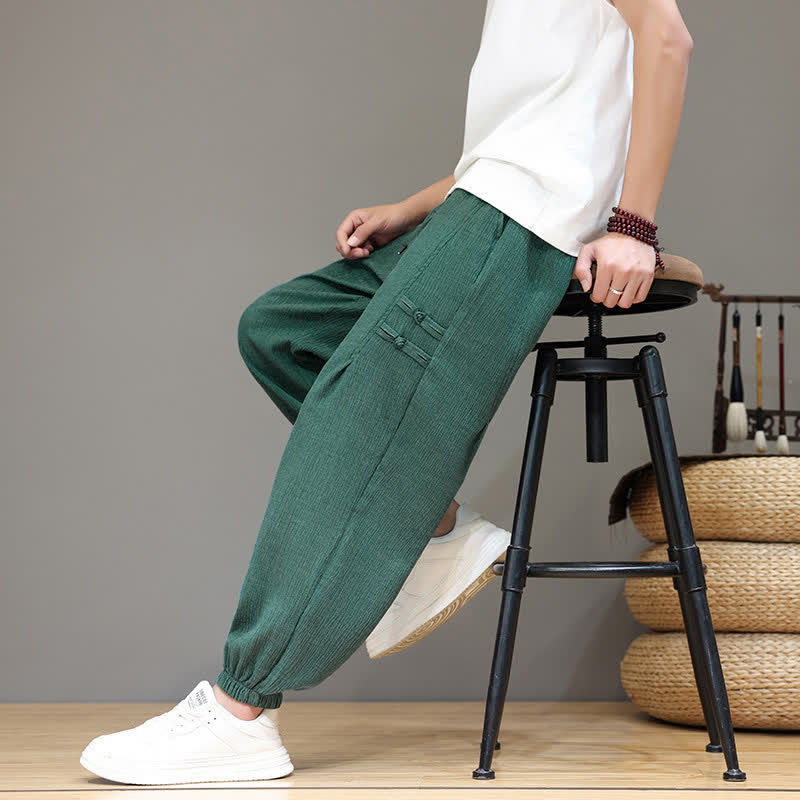 Buddha Stones Summer Casual Tang Style Solid Cropped Pants Men's Harem Pants With Pockets - image 38