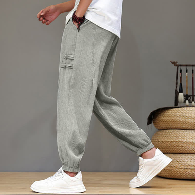 Buddha Stones Summer Casual Tang Style Solid Cropped Pants Men's Harem Pants With Pockets - image 24
