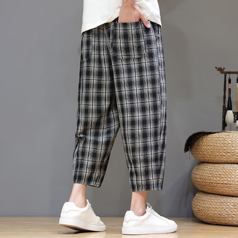 Buddha Stones Summer Casual Drawstring Plaid Capri Pants Men's Harem Pants With Pockets - image 10
