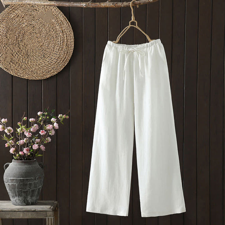 Buddha Stones Summer Casual Minimalist Drawstring Solid Cotton Linen Ankle Pants Women's Straight Leg Pants With Pocket - White - US8-10, UK/AU12-14, EU40-42 (2XL) - image 0