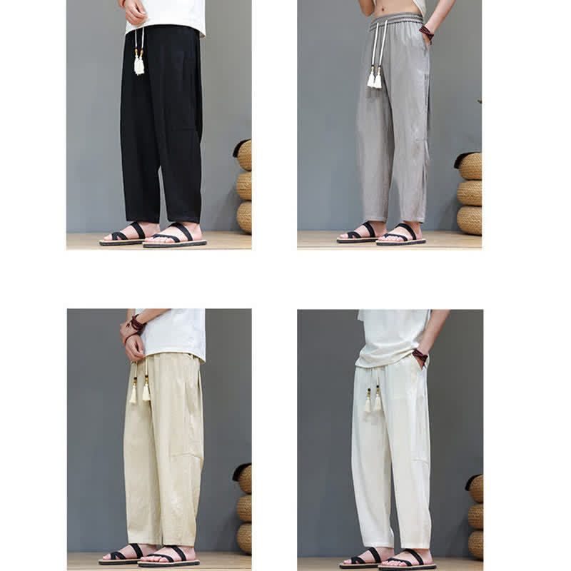 Buddha Stones Summer Casual Minimalist Drawstring Solid Ankle Pants Men's Straight Leg Pants With Pocket - image 35