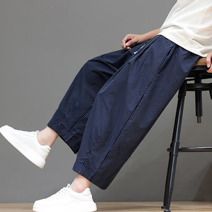 Buddha Stones Summer Casual Drawstring Striped Capri Pants Men's Harem Pants With Pocket - image 1