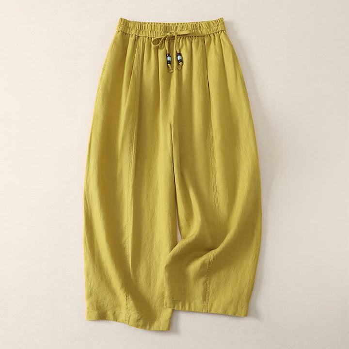 Buddha Stones Summer Casual Minimalist Drawstring Solid Cropped Pants Women's Wide Leg Pants With Pockets - Goldenrod - US8-10, UK/AU12-14, EU40-42 (2XL) - image 8