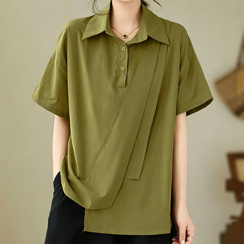 Buddha Stones Summer Casual Minimalist Button-up Solid Asymmetric Layered Design Women's Short Sleeve Shirts - YellowGreen - US14，UK/AU18，EU46 (3XL) - image 0