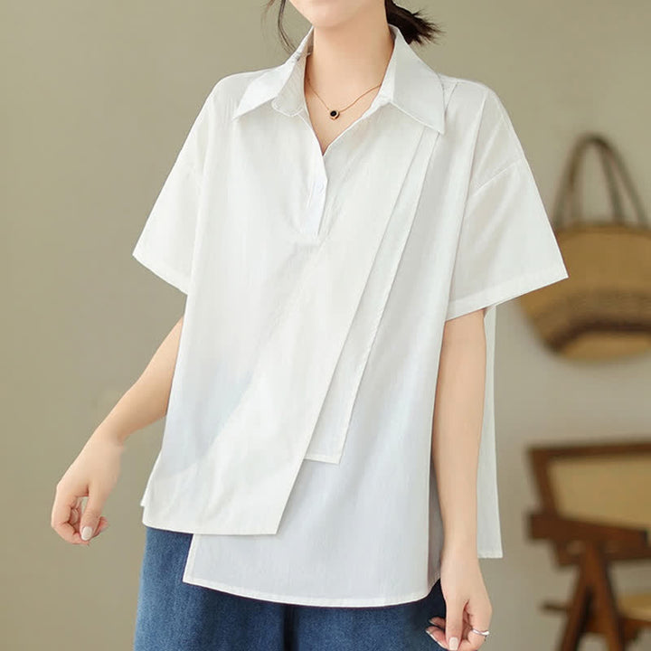 Buddha Stones Summer Casual Minimalist Button-up Solid Asymmetric Layered Design Women's Short Sleeve Shirts - image 19
