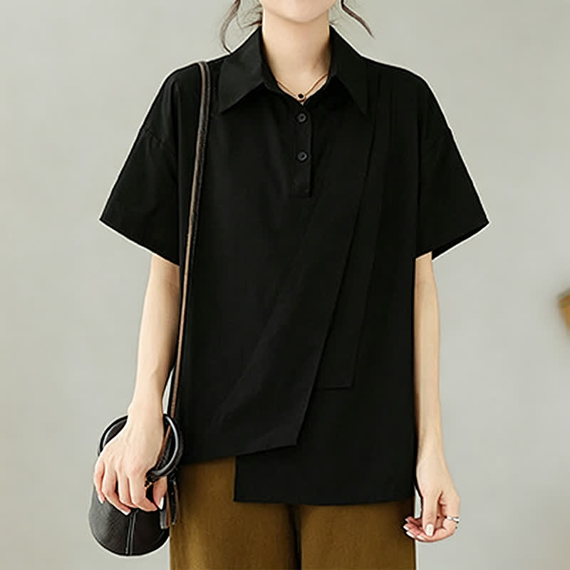Buddha Stones Summer Casual Minimalist Button-up Solid Asymmetric Layered Design Women's Short Sleeve Shirts - image 13