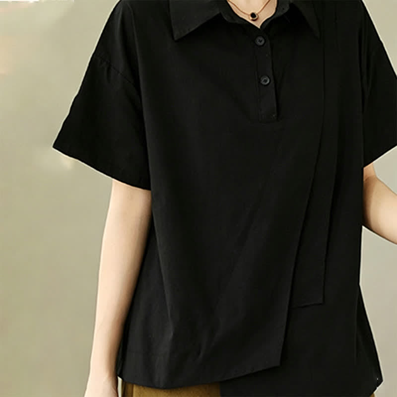 Buddha Stones Summer Casual Minimalist Button-up Solid Asymmetric Layered Design Women's Short Sleeve Shirts - image 14