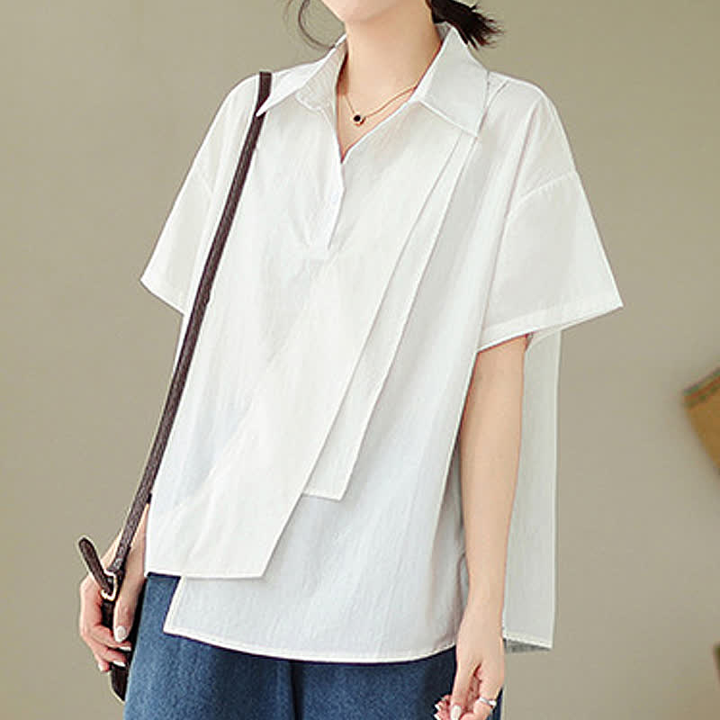 Buddha Stones Summer Casual Minimalist Button-up Solid Asymmetric Layered Design Women's Short Sleeve Shirts - image 20