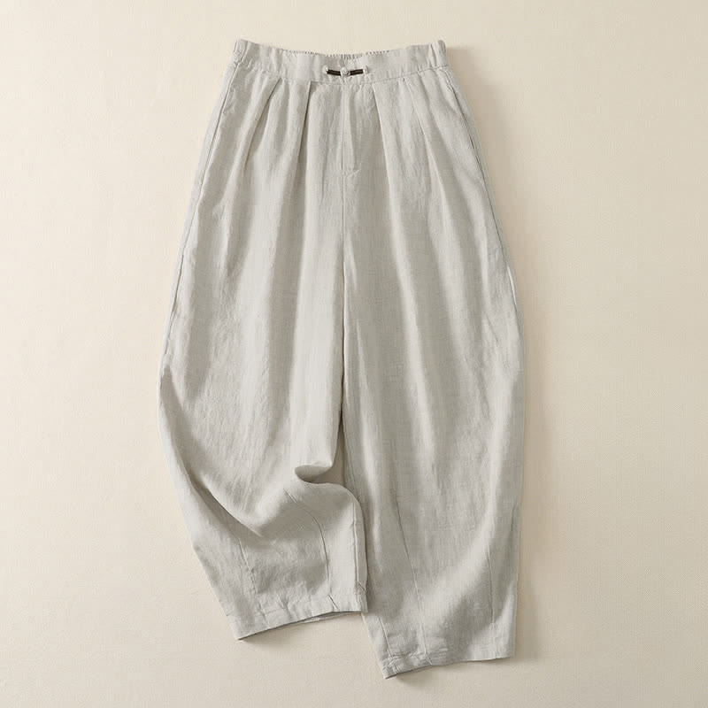 Buddha Stones Summer Casual Minimalist Solid Cropped Pants Pleated Women's Harem Pants With Pockets - Linen - US8-10, UK/AU12-14, EU40-42 (2XL) - image 0