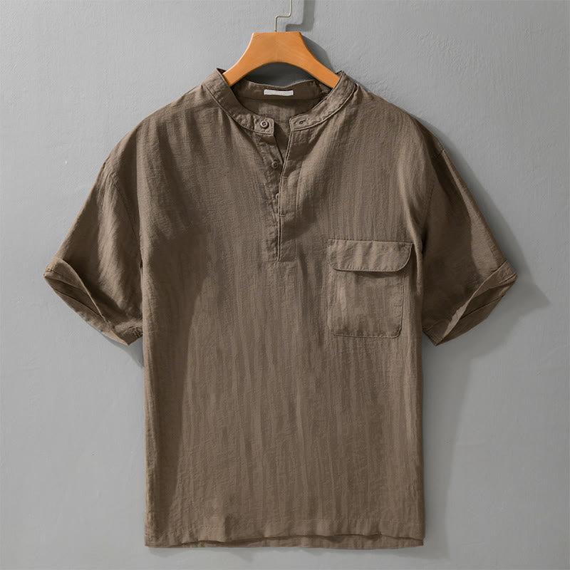 Buddha Stones Summer Casual Tang Style Mandarin Collar Half Buttons Solid Men's Short Sleeve Shirts With Decorative Pocket - Sienna - US/UK/AU42, EU52 (3XL) - image 13