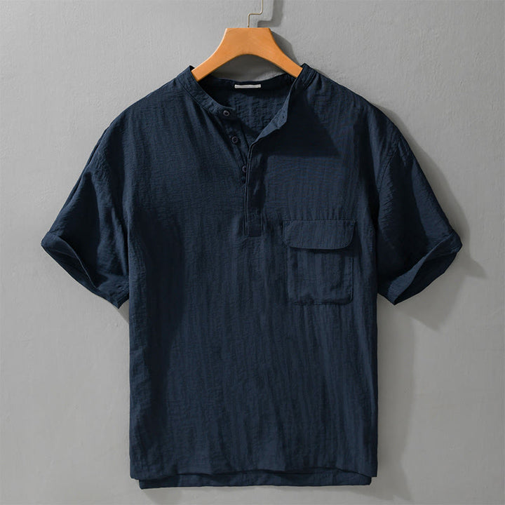 Buddha Stones Summer Casual Tang Style Mandarin Collar Half Buttons Solid Men's Short Sleeve Shirts With Decorative Pocket - MidnightBlue - US/UK/AU42, EU52 (3XL) - image 9