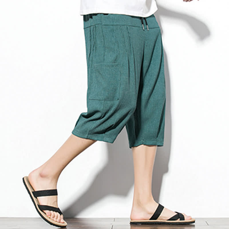 Buddha Stones Summer Casual Minimalist Drawstring Solid Men's Cropped Pants With Pocket - image 3