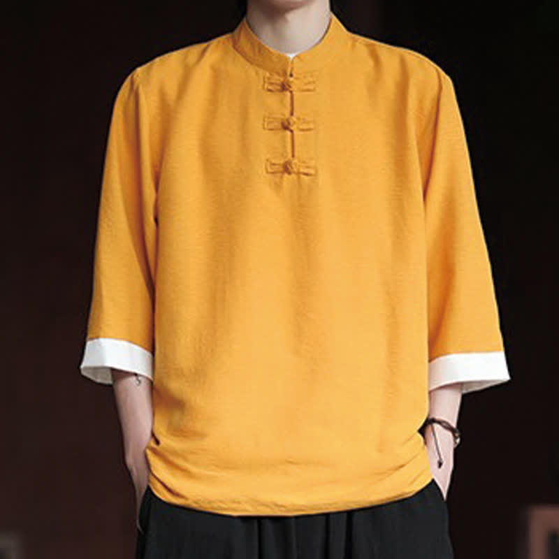 Buddha Stones Summer Tang Style Vintage Mandarin Collar Frog Button Solid Men's Elbow-Length Sleeve Shirts - image 17