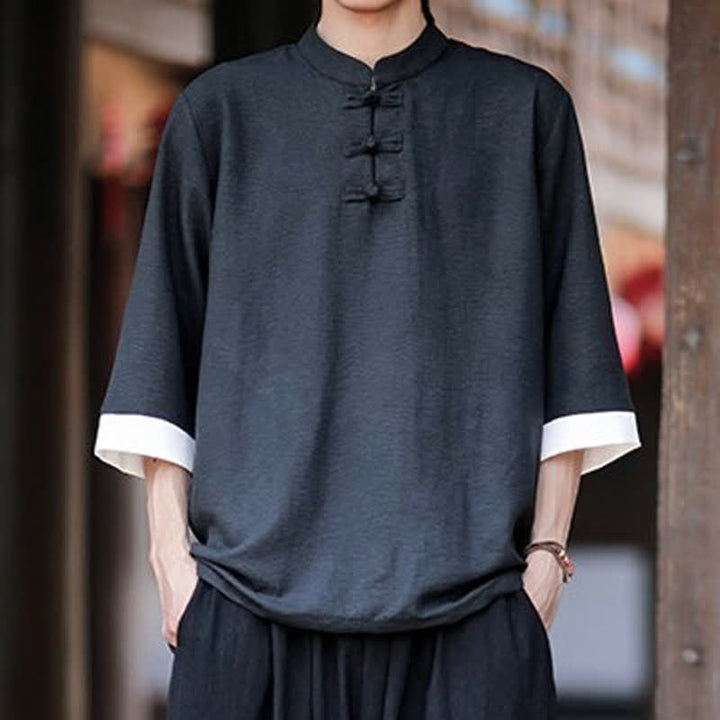 Buddha Stones Summer Tang Style Vintage Mandarin Collar Frog Button Solid Men's Elbow-Length Sleeve Shirts - image 5
