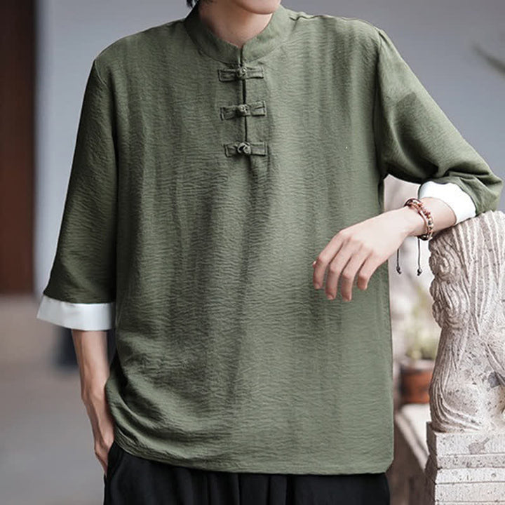 Buddha Stones Summer Tang Style Vintage Mandarin Collar Frog Button Solid Men's Elbow-Length Sleeve Shirts - image 12