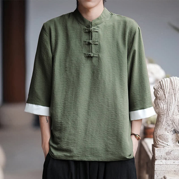 Buddha Stones Summer Tang Style Vintage Mandarin Collar Frog Button Solid Men's Elbow-Length Sleeve Shirts - DarkOliveGreen - US/UK/AU46, EU56 (5XL) - image 9